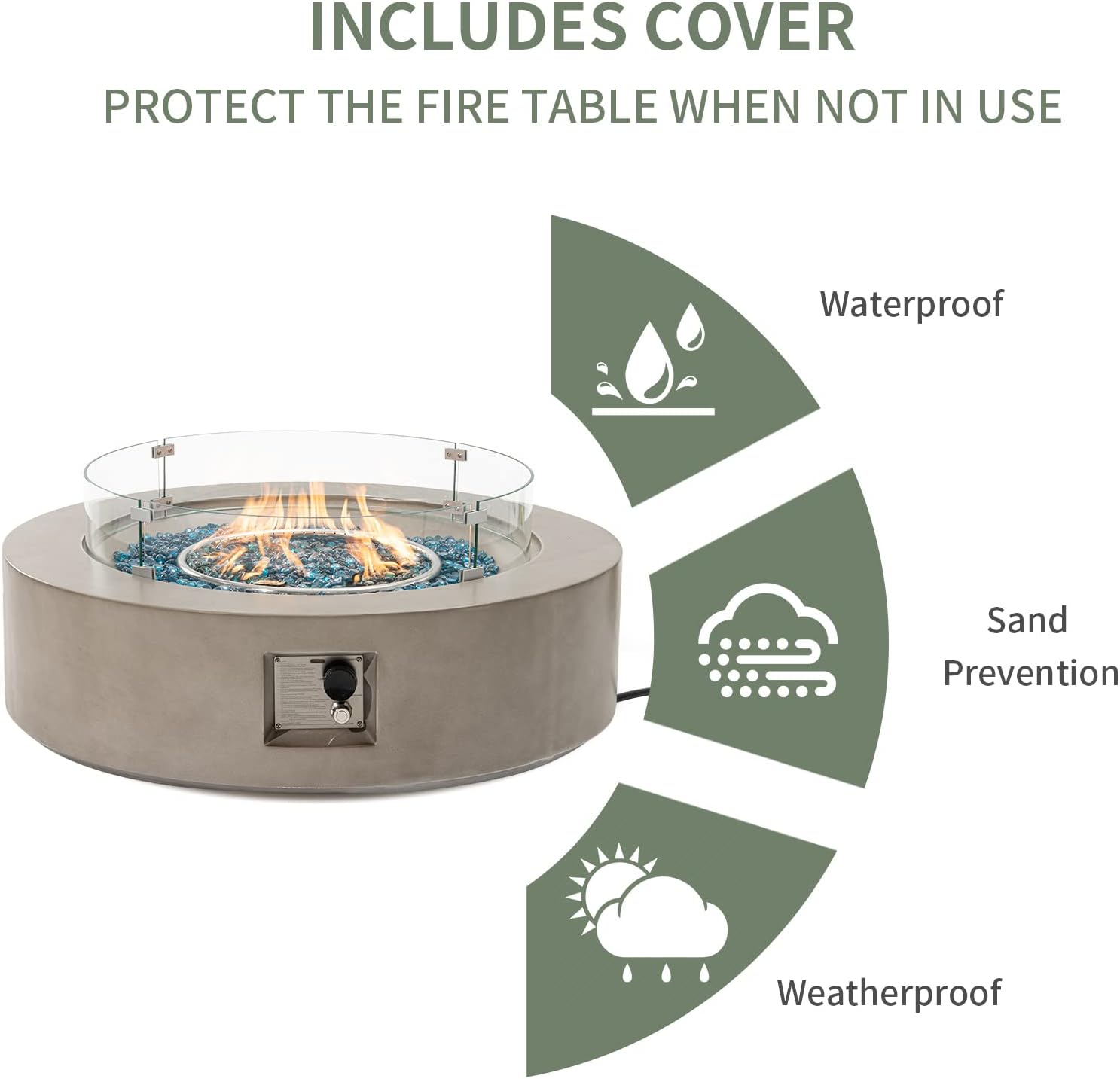 COSIEST Outdoor Propane Fire Pit Coffee Table w Gray 40.5-inch Round Base Patio Heater, Certified, 50,000 BTU Stainless Steel Burner, Wind Guard, Aqua Blue Fire Glass, Rain Cover