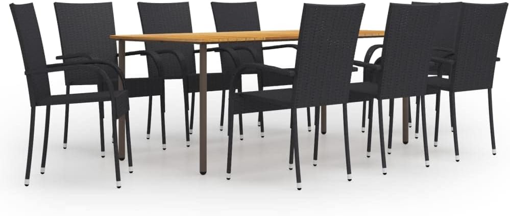 9 Piece Patio Dining Set Poly Rattan Black,Premium Acacia Wood Patio Dining Set with WeatherResistant PE Rattan Chairs Furniture Sets for Patio, Lawn & Garden