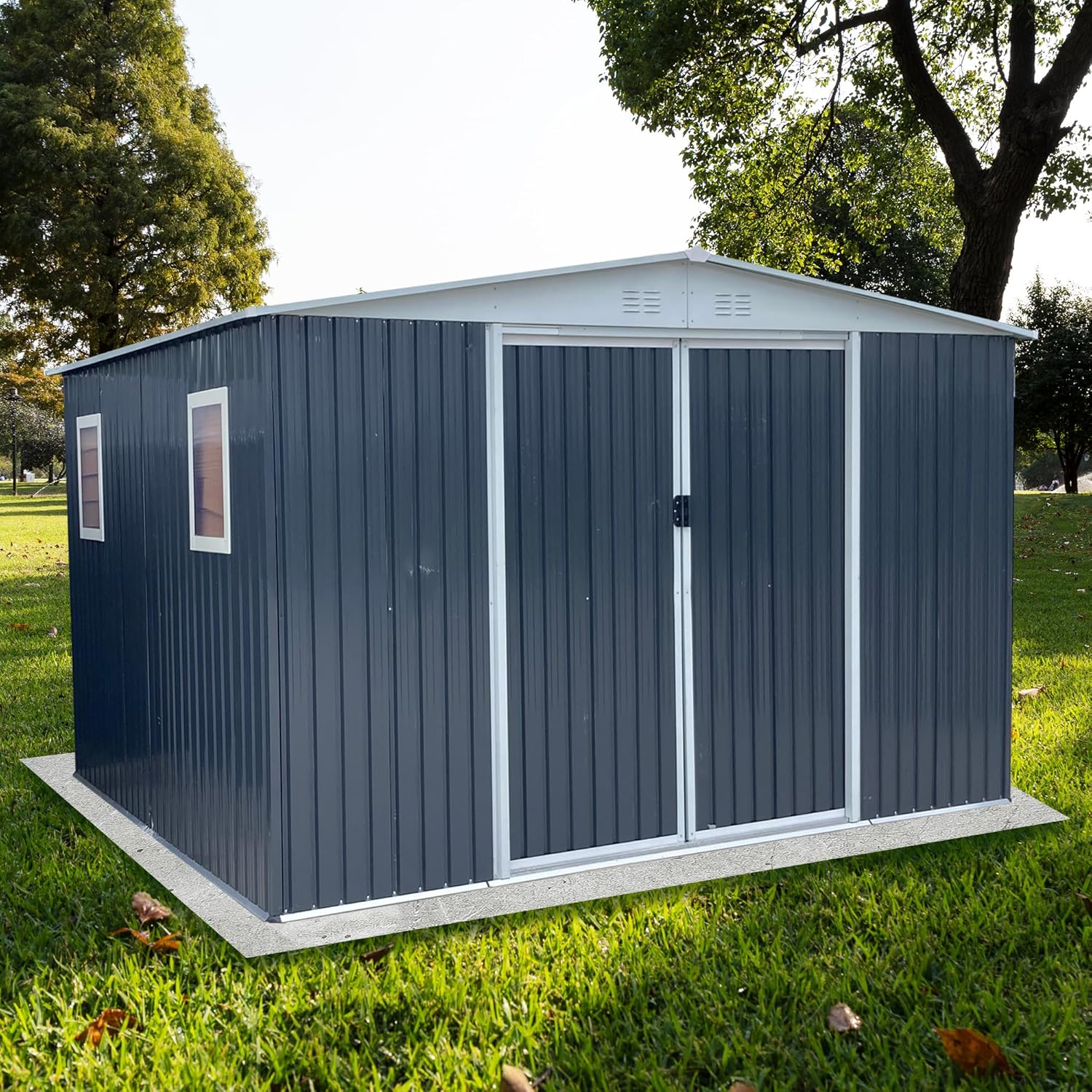 MyVoice Outdoor Storage Shed 12x10 FT, Garden Shed with Apex Roof and 4 Windows, Heavy Duty Metal Shed with Aluminum Frame for Backyard, Patio, Tool Storage, Grey
