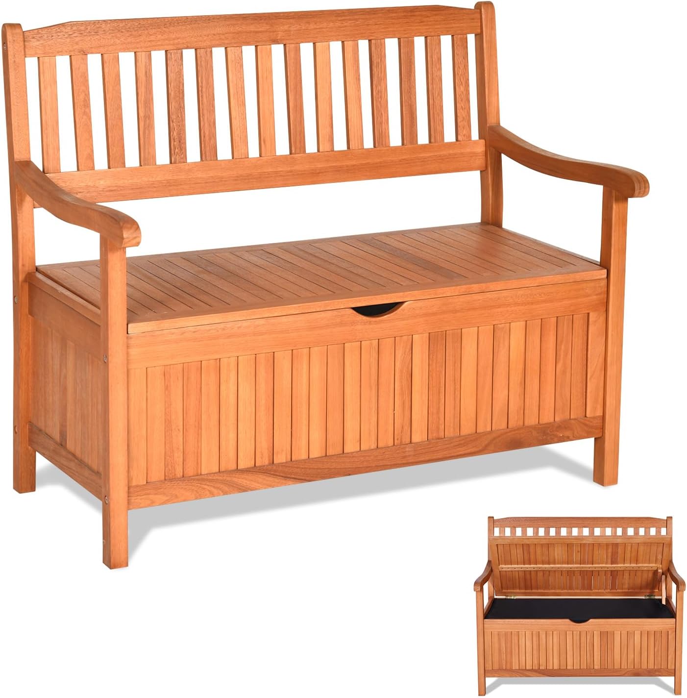 LDAILY 33 Gal Outdoor Storage Bench, Eucalyptus Multi-Functional Deck Box with 800 lbs Heavy Duty Capacity, Removable Liner, Patio Storage Bench for Garden, Poolside, Front Porch, Entryway