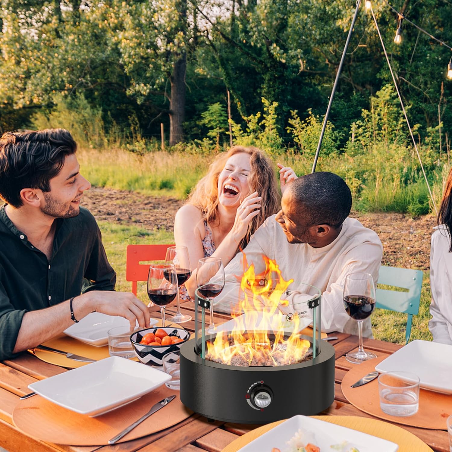 ONLYFIRE OUTDOOR LIVING Tabletop Propane Gas Fire Pit Side-Mounted, Portable Smokeless Gas Firepit with Glass Wind Guard & Lava Rocks for Patio Backyard Camping Bonfire RV Tailgating, Round FP038