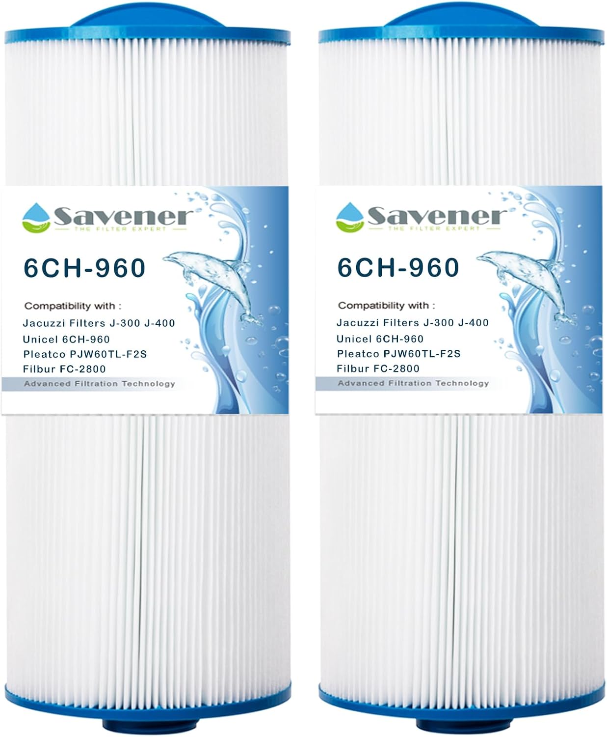 Spa Filter 6CH-960 Replaces Jacuzzi Filters J-300 J-400,Unicel 6CH-960, PJW60TL-F2S,Filbur FC-2800,6540-476, 6540-383,Hot Tub Filter with Closed Handle(Not be Removed)- 2 Pack