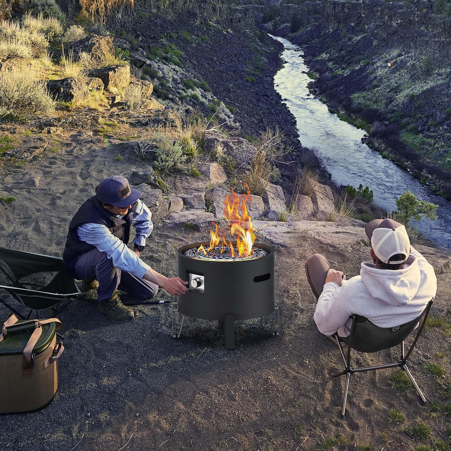 Portable Propane Fire Pit for Camping RV 50,000 BTU Round 15'' H x 16'' W Portable Gas Firepit W/Lid, Glass Rocks & Weather Resistant for Outdoors, Propane Extension Hose, Black