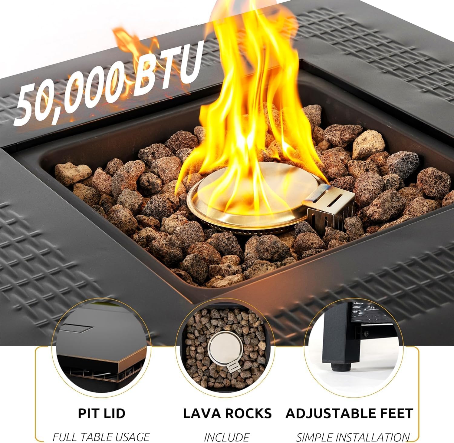 28 Inch Patio Propane Fire Pit, Out Door Fire Pits & Fireplaces, Gas Fire Pit with Cover and Lava Rock for Garden, Courtyard and Backyard, Black