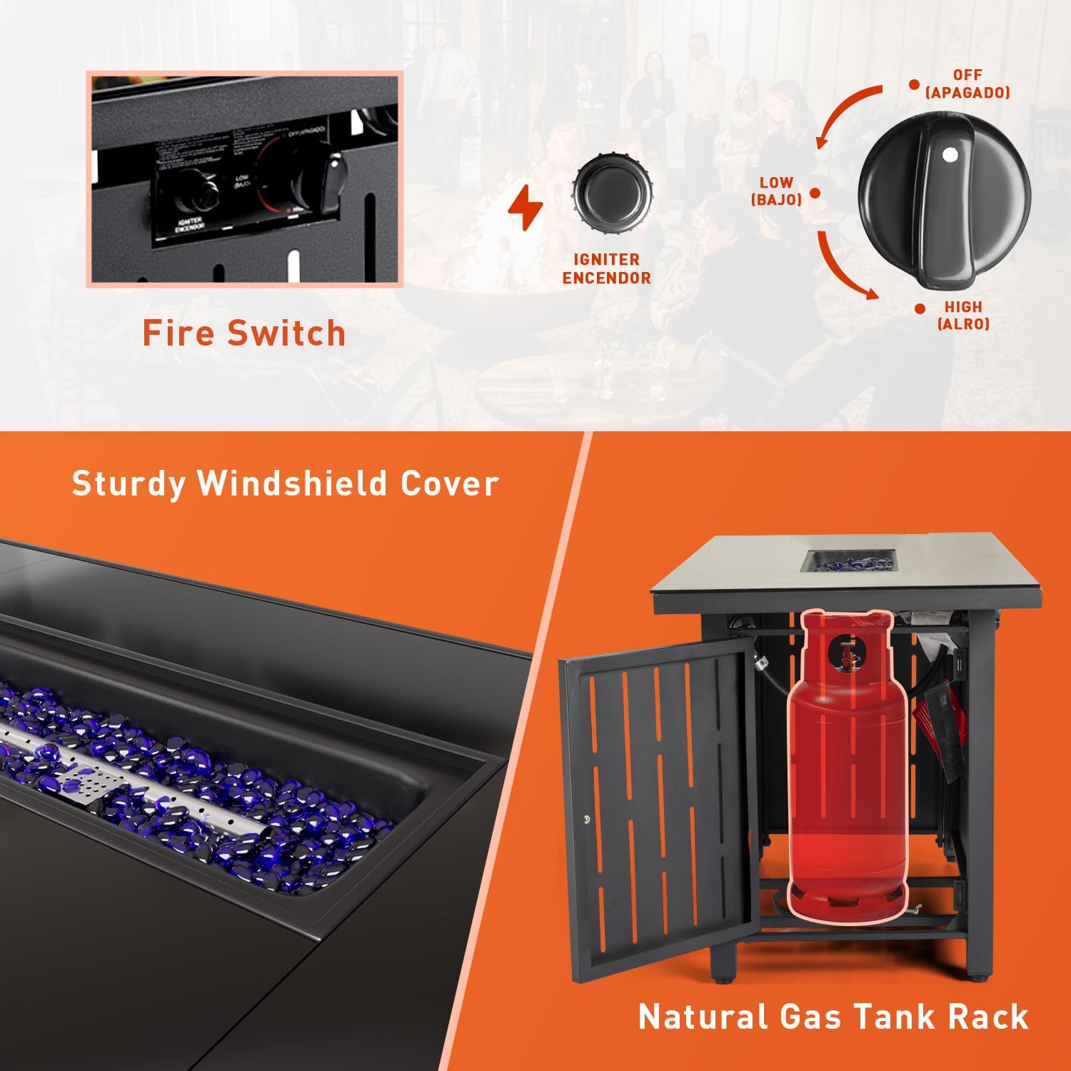 Flamaker Gas Fire Pit Table 43 inch 50000 BTU Outdoors Gas Propane Firepits with Tempered Glass Desktop, Lid & Lava Rock and Waterproof Cover for Deck, Backyard, Patio