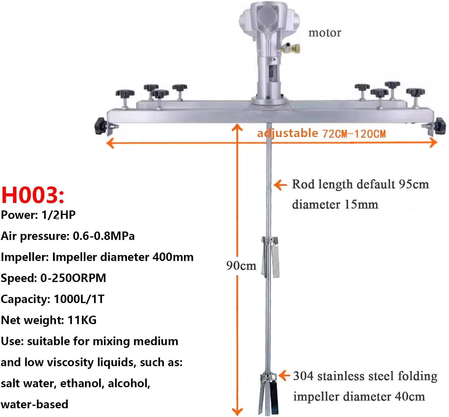 Pneumatic Agitator Clamp Mount Tank Barrel Drum Mixer, IBC Air Agitator, Paint Stirring Machine Mixing Capacity 1000L, Cement Mixer Mortar Plaster Paint Fodder Stirring Tool,H005,H003
