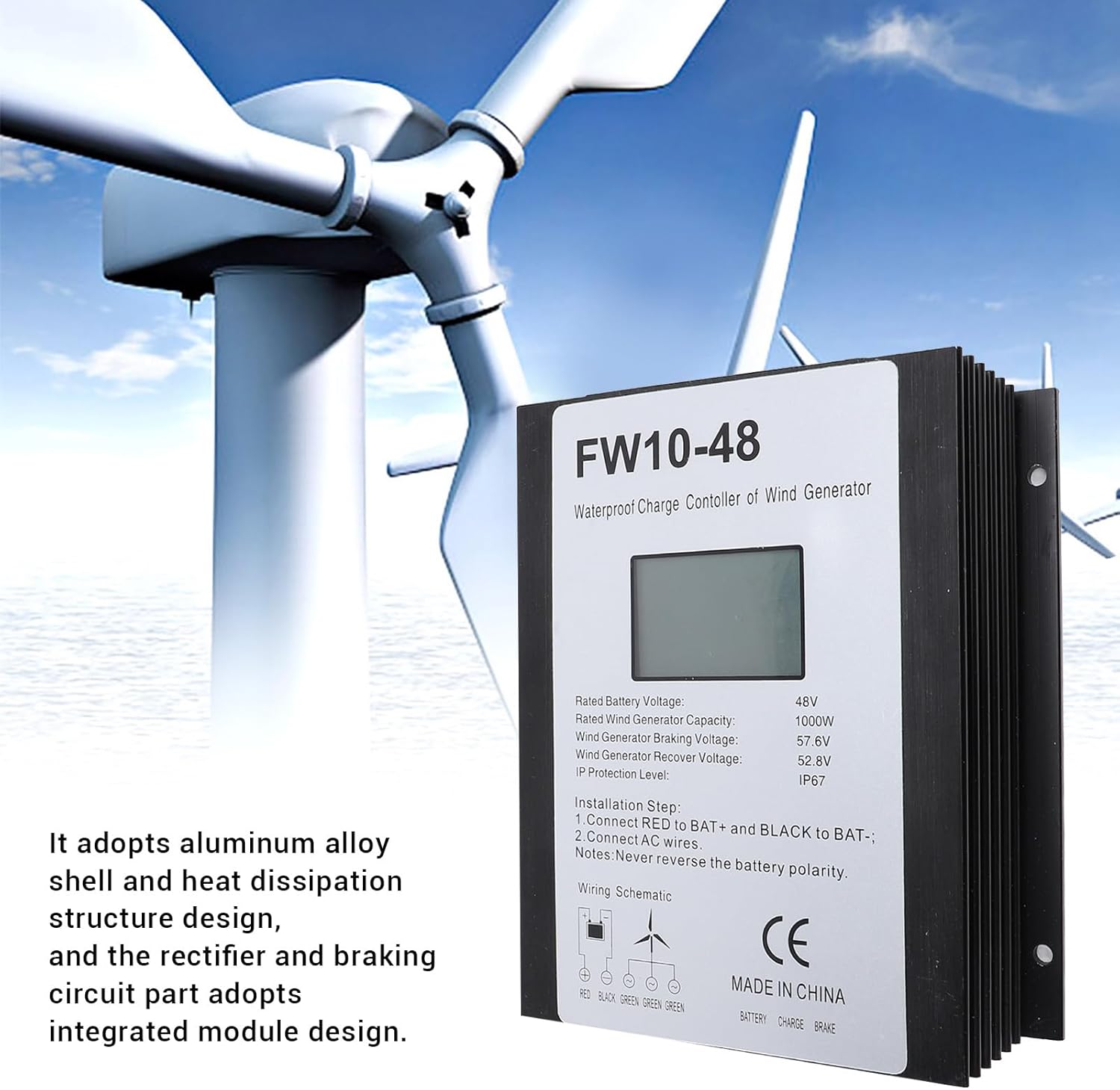 SIXRUN 48V Wind Turbine Charge Controller, IP67 Water for 1000W Generator, Thunder Prevention, Protection, Suitable for Wind Turbine Braking and Recovery