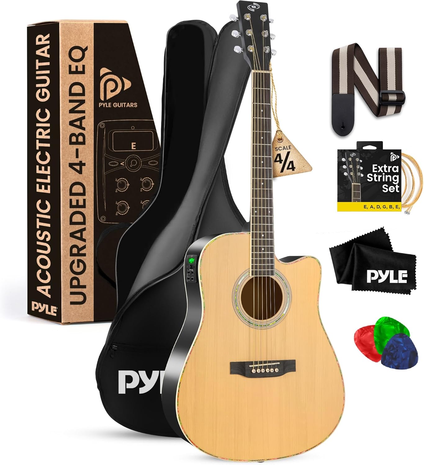 Pyle Acoustic Electric Cutaway Guitar Kit, 4/4 Full Scale Steel String Spruce Wood with Gig Bag, 4-Band EQ, Clip On Tuner, Picks, Shoulder Strap for Beginners and Students, 41