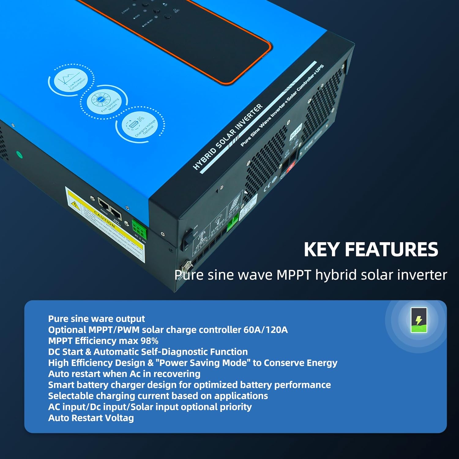 Anern 5000W Off Grid Solar Inverter 48Vdc to 120V, Pure Sine Wave Inverter Built in 120A MPPT Solar Charge Controller Max PV Input 6400W, Work with 48V Lead Acid and Lithium Batteries or Battery-Less