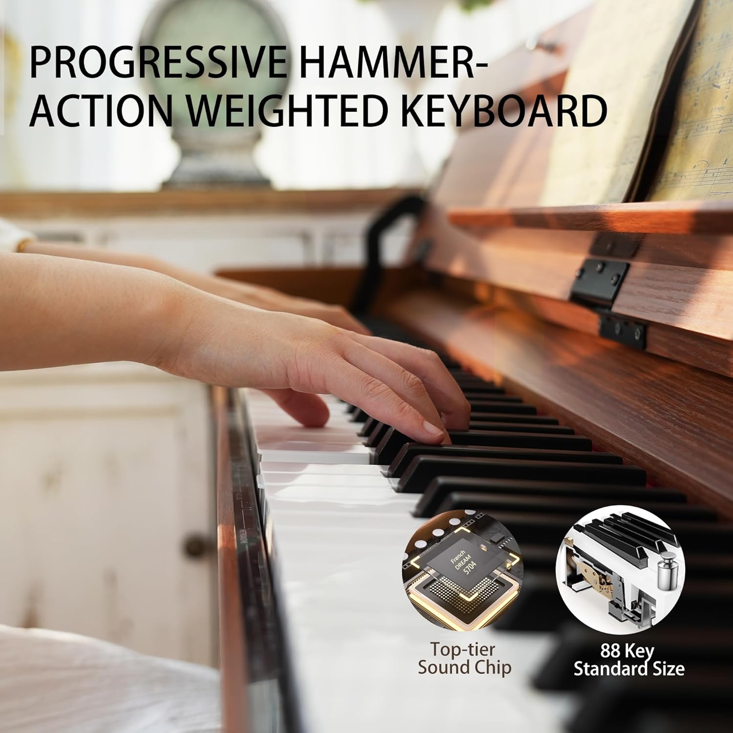 88 Key Weighted Digital Piano-Progressive Hammer-Action Keyboard,Full-Size Electric Piano with LCD Display,Wooden Desk Design,Three Pedals&MIDI Functionality