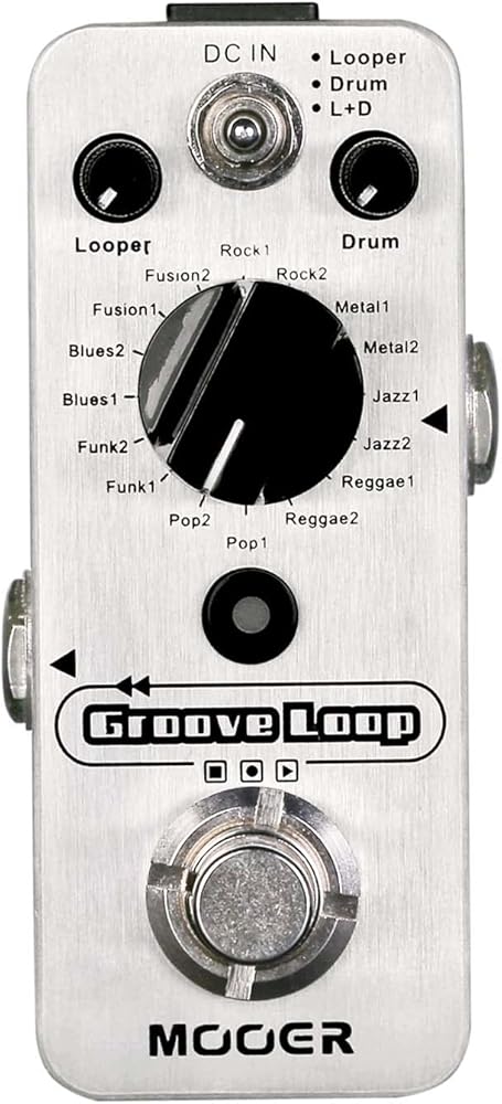 MOOER Groove Loop drum machine with 20 minute finder, 16 different drum grooves, 3 modes, play tempo for loop, record, practice with micro loop drum pedal, mini guitar jamming tool