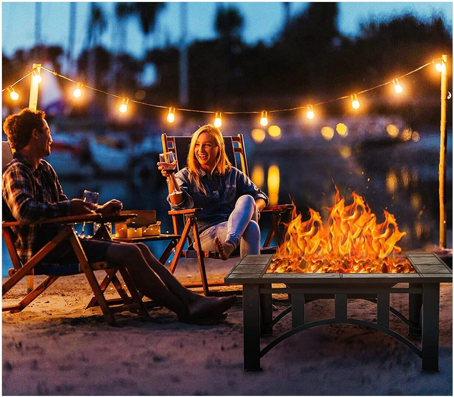 35 Inch Outdoor Patio Fire Pit Table, Wood Burning Square Marble Tile Top, Durable Alloy Steel Fire Table for Backyard, Garden, and Outdoor Gatherings