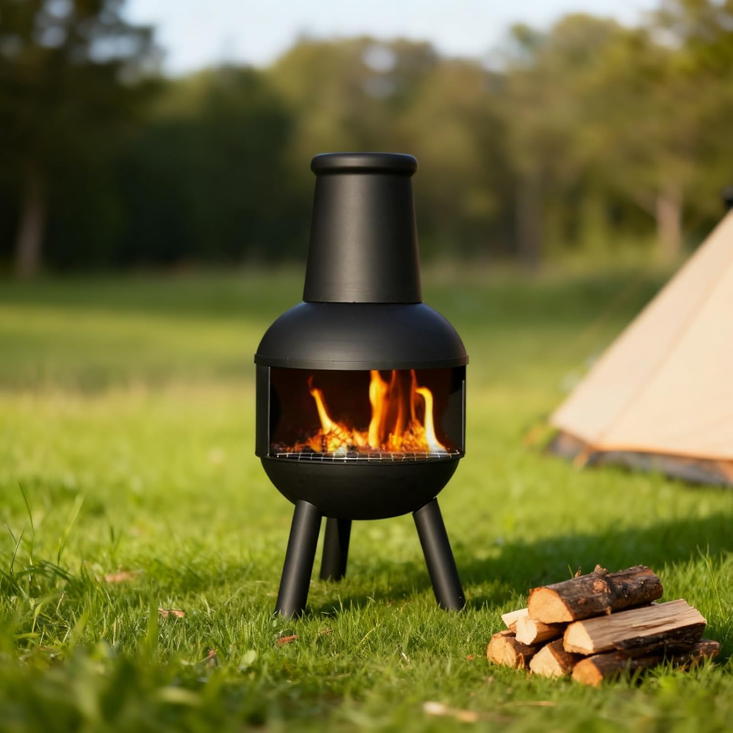 Chiminea, Outdoor Wood Burning Firepit, Fireplace for BBQ & Warming, with Grill Mesh, Chimney & Firewood Rack, for Patio, Garden, Backyard