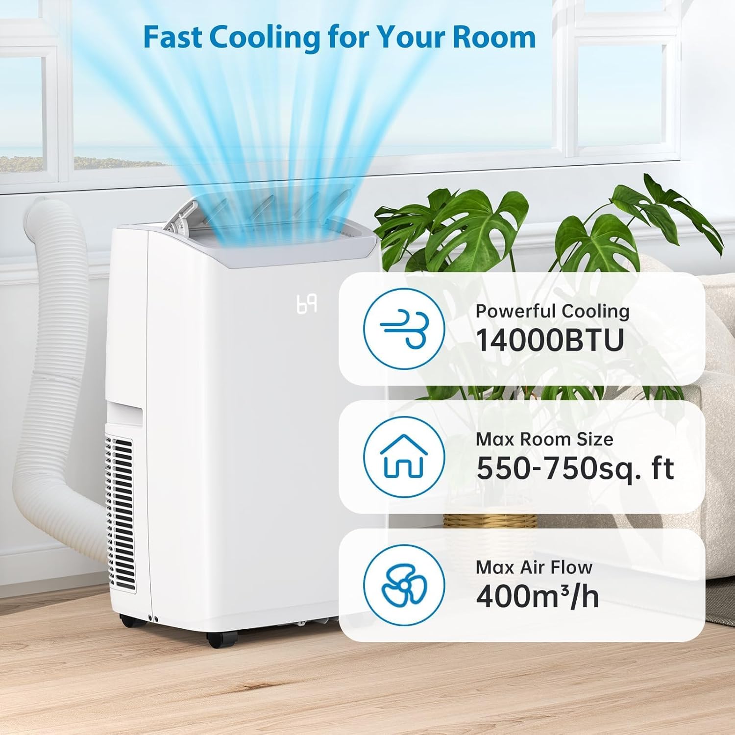 Portable Air Conditioner Standing, Cools Up to 750 Sq.Ft, 3-In-1 Quiet Portable AC Unit, 14000 BTU, with Remote Control, for Large Room, 3 Speed, Auto Swing, 24H Timer