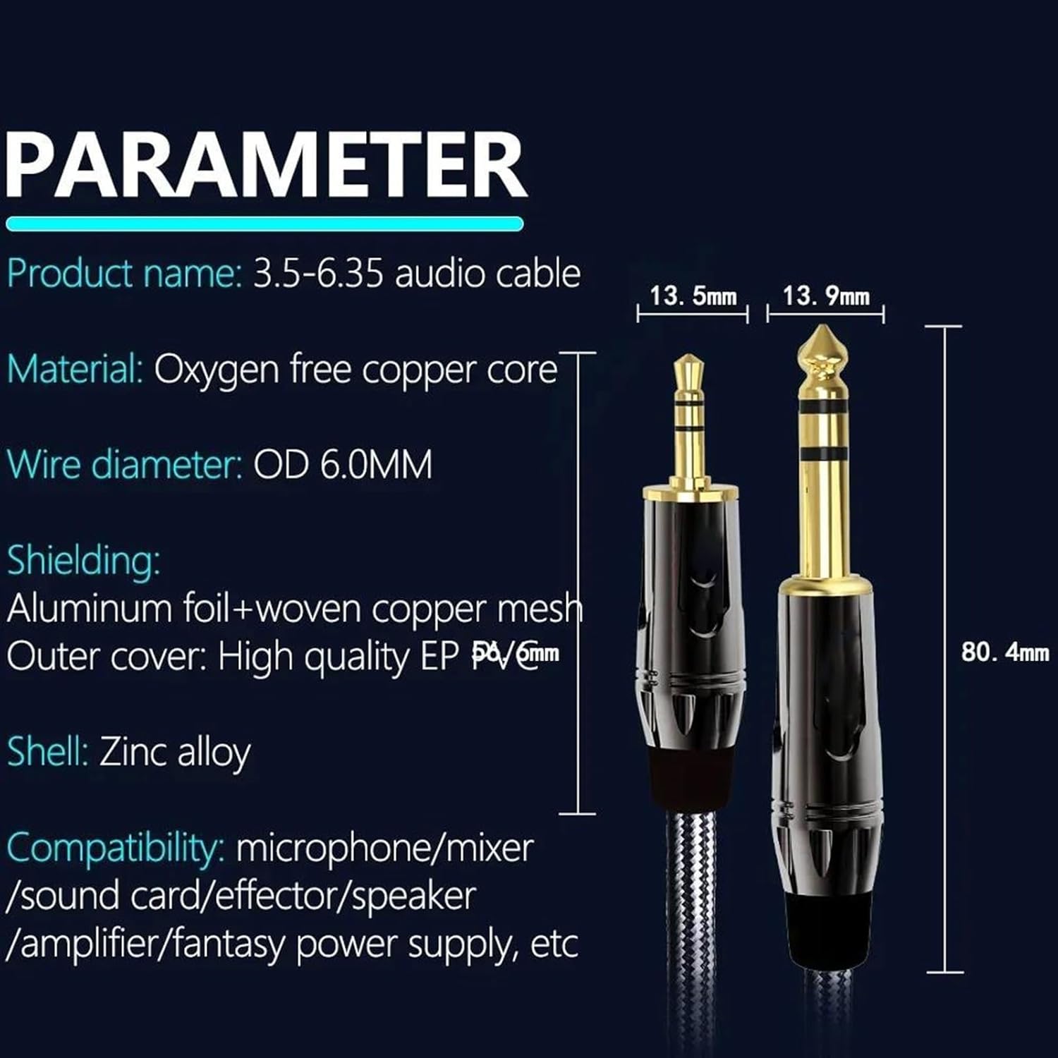 Pro Audio Cable 3.5mm to 6.35mm Stereo Cable 1/8 Inch Male to 6.35mm 1/4 Inch Male Cord for Guitar Piano Amplifier(10m)