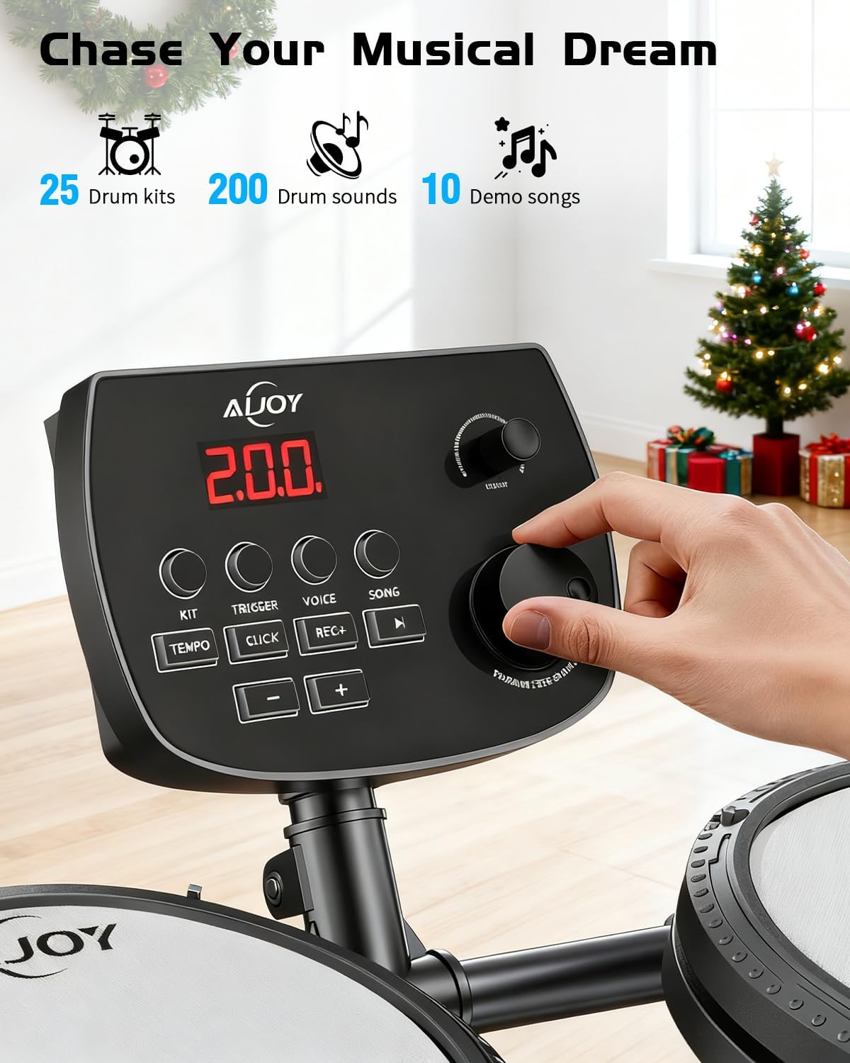 AiJoy Electric Drum Set with Quiet Mesh Pads, 5 Drums, 3 Cymbals, Dual-Zone Snare, USB MIDI, Intelligent Sound Module, Drum Throne, Headphones, Sticks, 25 Kits & 195+ Sounds for Beginners & Adults