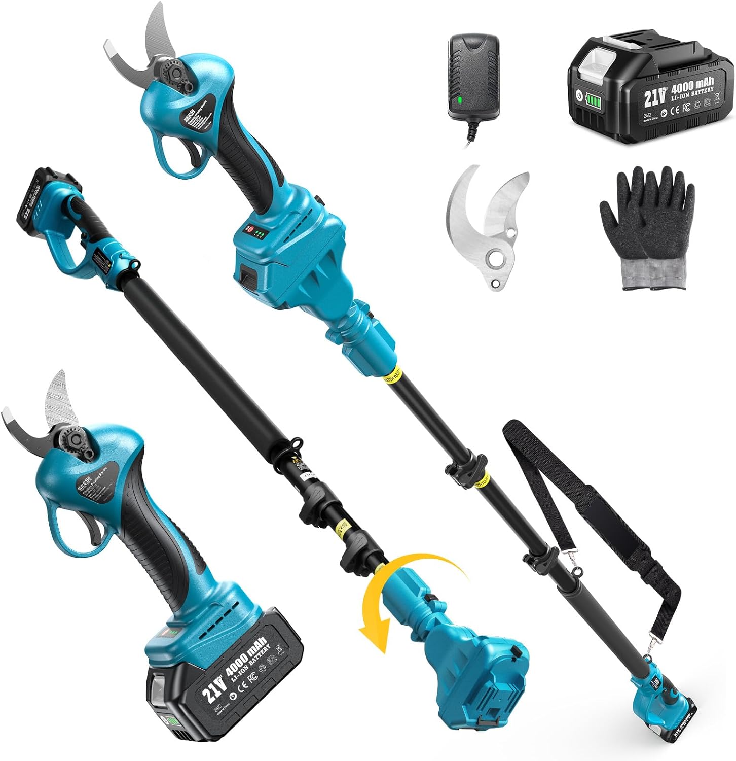 Seesii 2-in-1 Electric Pruning Shears with Pole, 15Ft Reach, 1.2