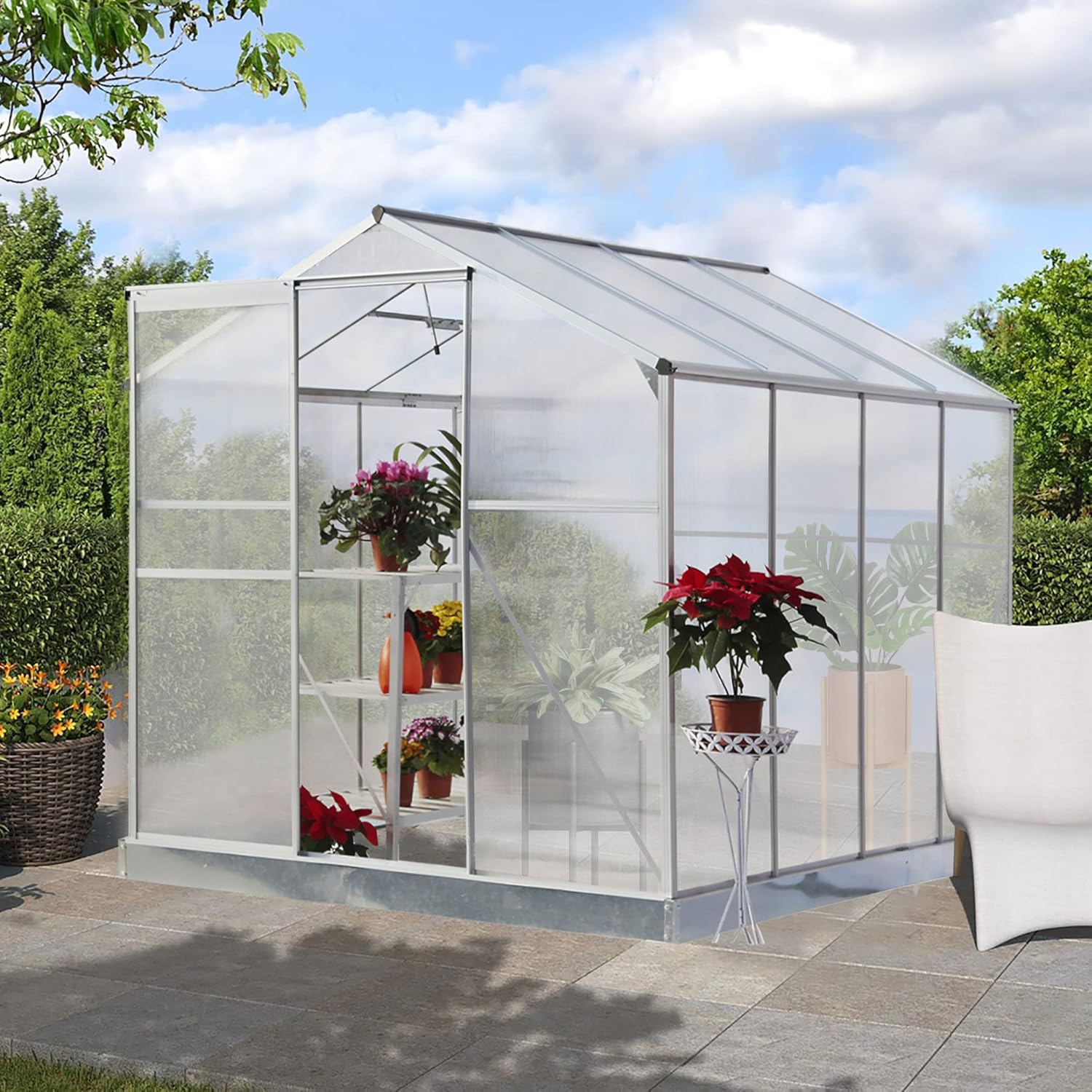Greenhouse for Outdoors - Heavy-Duty Polycarbonate Walk-in Greenhouse with Aluminum Frame, Rain Gutter, and Roof Vent for Garden, Backyard, Patio