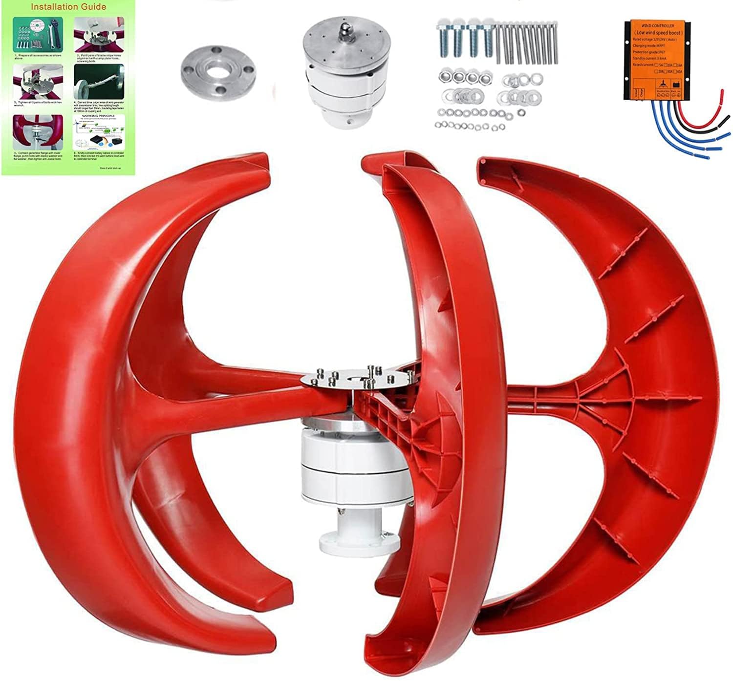 LiuSj JUnSt 10000W Wind Turbines Generator + Controller, 5 Blade Lantern Vertical Axis Wind Turbines Generator Low Noise for Residential Household Streetlight Use(Red)