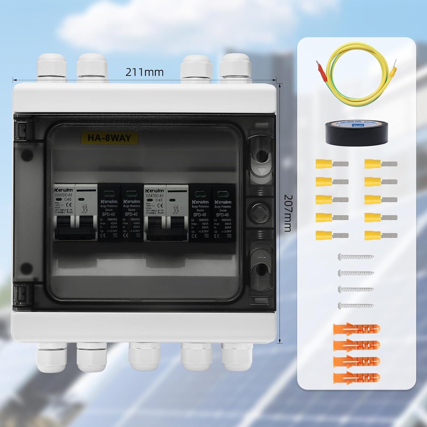 Solar Panel Disconnect Switch,40A 1000V RV Circuit Breaker Box with PV Surge Protector IP65 Waterproof 2 String 2 in 2 Out PV Combiner Box for Solar Panel