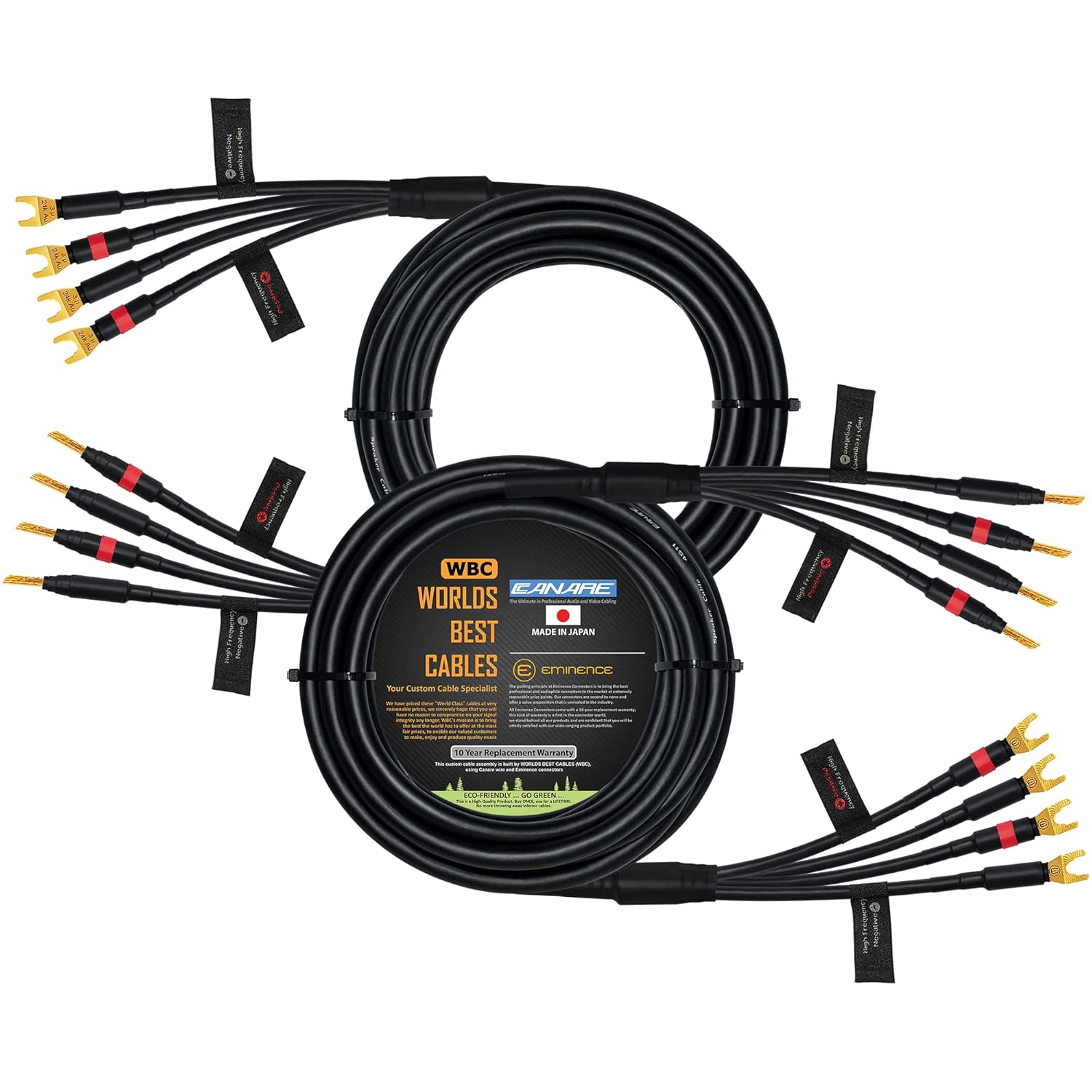 WORLDS BEST CABLES 20 Foot - Canare 4S11 – Audiophile Grade - HiFi Star-Quad Bi-Amp Speaker Cable Pair with Eminence Gold Banana & Spade Connectors [Banana x4 – Spade x4]