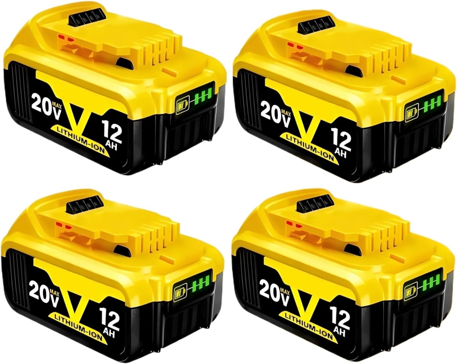 20V 12.0Ah 18650 Li-Ion Battery Pack For Cordless Power Tools Extended Run Time Compatible For DeWalt DCB200 Led Indicator Bms Protection(4PCS 12Ah battery)