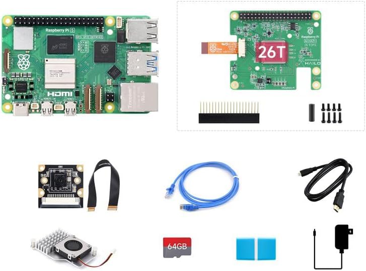 Pi5 AI Kit, Compatible with Raspberry Pi 5 8GB, Bundle with Raspberry Pi AI HAT+ 26T, PI5-IMX219-77 Camera, Cooler, 64GB TF Card, Cable and Other Accessories Items (PI5-8GB AI Kit D)