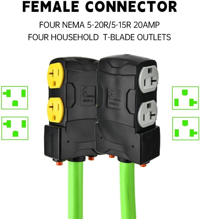 25FT 30 to 20 Amp 110V Generator Distribution Adapter Compatible with NEMA L14-30P to NEMA 4X 5-20R/ 5-15R, 4 Prong 30 AmpGenerator Locking to Four Household Outlet with 20 Amp Circuit Breaker ETL