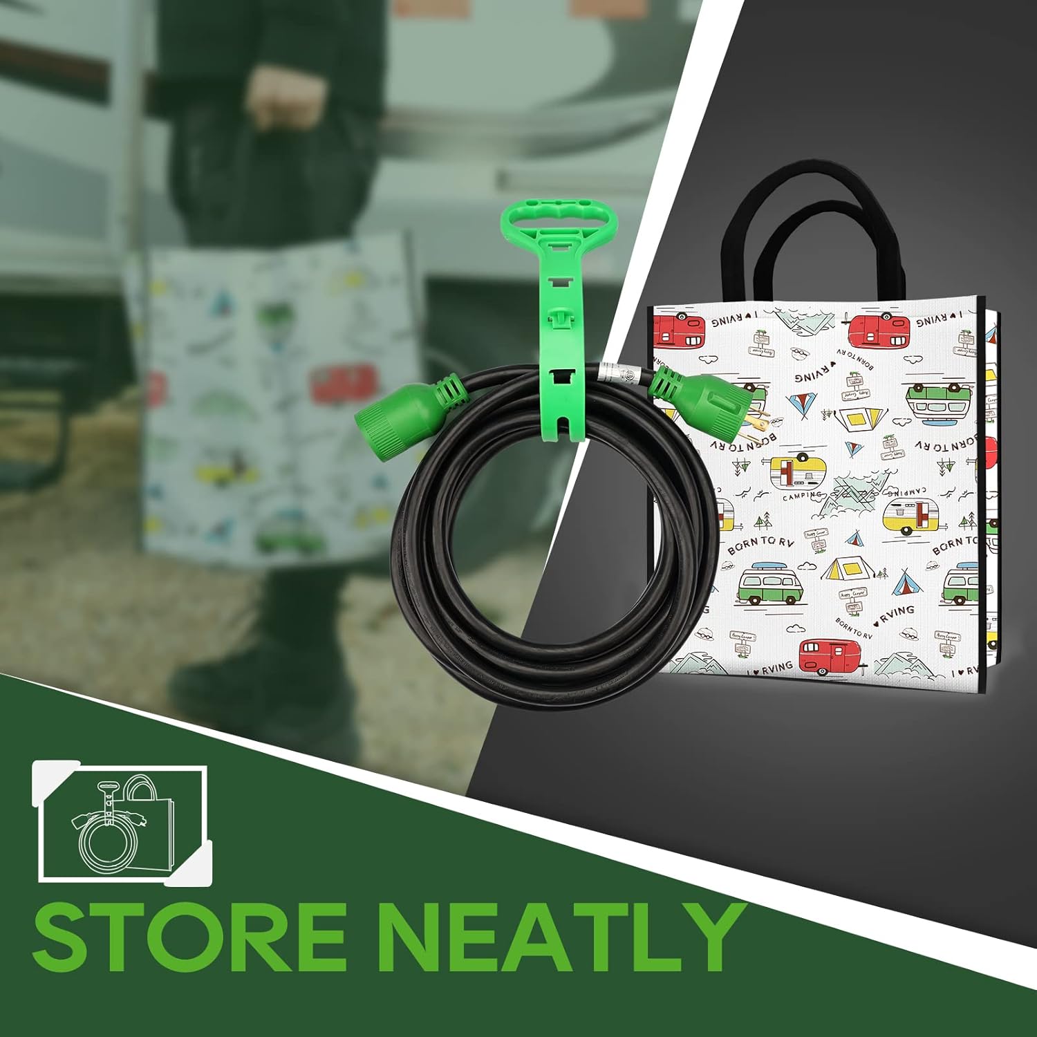 RVGUARD 3 Prong 30 Amp 75 Foot Generator Extension Cord, NEMA L5-30P/L5-30R 125V 10 Gauge SJTW Generator Power Cord with Cord Organizer, ETL Listed