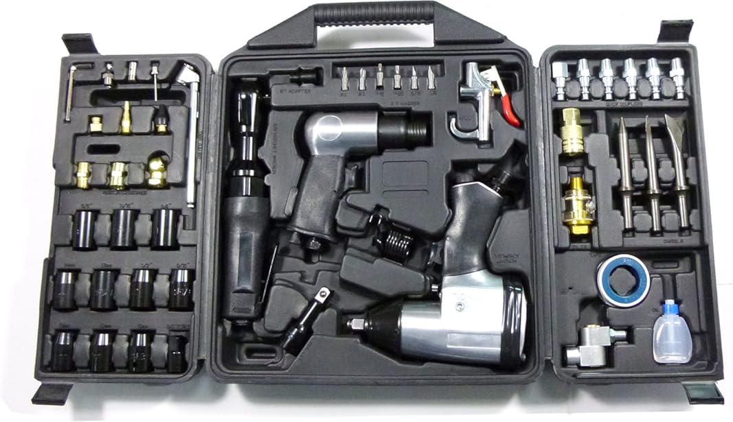 50 Pieces Air Tool Kit. 1-1/2'' Impact Wrench, 1-3/8'' Ratchet Wrench, 5-Air Hammer w/Chisels, and other great tool accessories. D-W3-50K