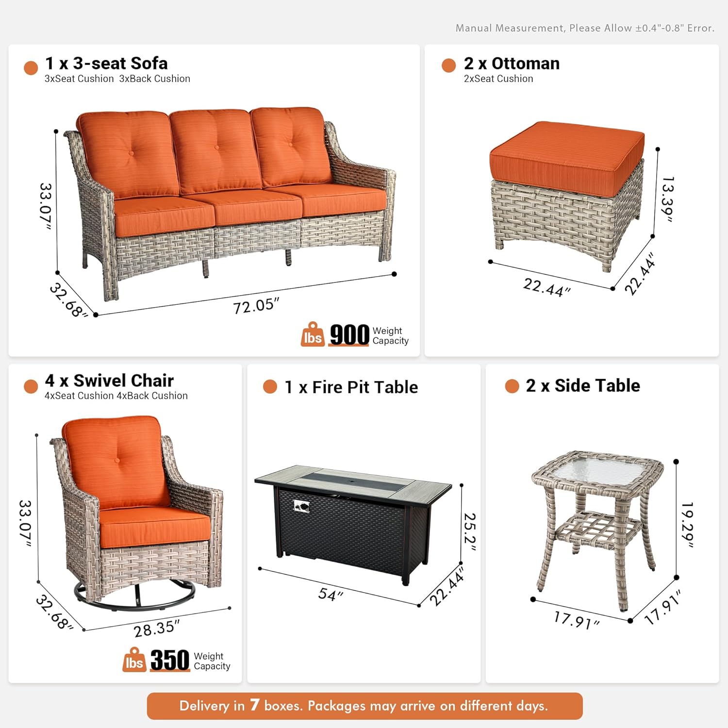 10 PCS Outdoor Patio Furniture Set with Fire Pit Table and Swivel Rocking Chairs,Patio Seating Sofa and Chair Set,All Weather Wicker Outdoor Conversation Sets for Garden Deck Yard,Orange Red