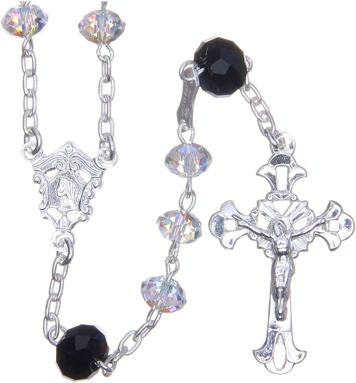 925 Silver Rosary Beads with Black and White Strass briolette 6mm