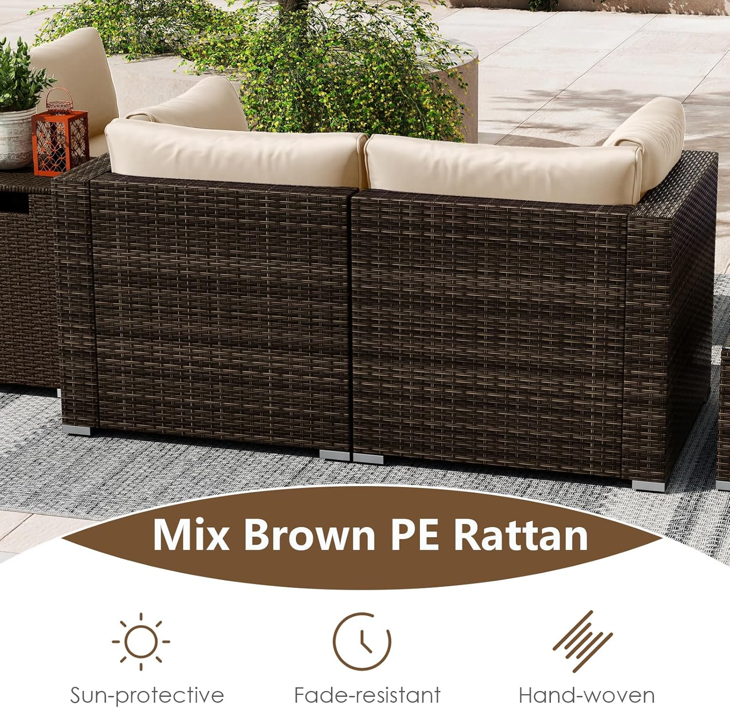 Tangkula 7 Pieces Outdoor Sectional Sofa Set Set with 32” Fire Pit Table and Propane Tank Cover, for Deck, Garden and Backyard, Fire Pit Protective Cover Included (Off White)