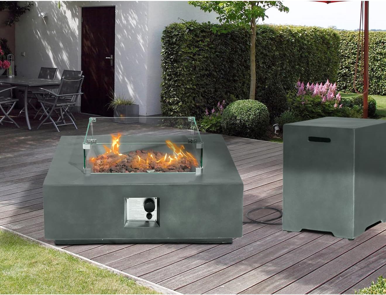 SUNBURY Outdoor Propane Fire Pit, Square Dark Green Gas Fire Pit 50,000 BTU, Fire Pit Table w 20 Gallon Tank Cover, Glass Wind Guard, Waterproof Cover, Without Fire Glass