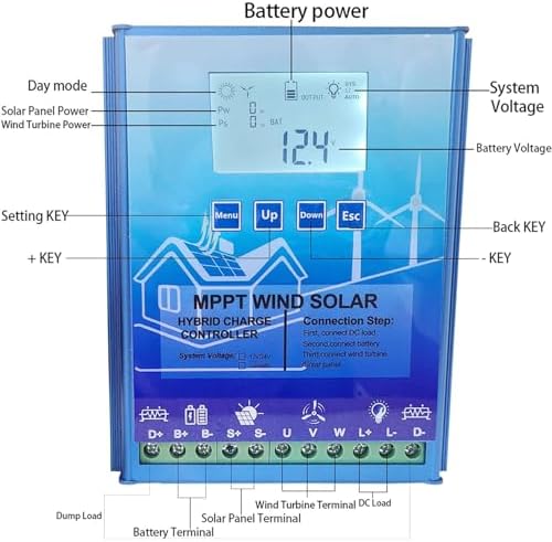 12000W Wind Solar Hybrid Charge Controller - Auto Regulator for 12V/24V/48V Systems with LCD Display, Works with Wind Turbine & Solar Panel, Supports LiFePO4, AGM, Gel, Flooded & Lithium Batteries