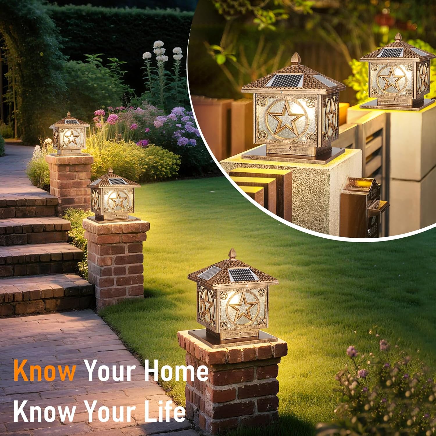 SLAWA Outdoor Solar Post Cap Light 9.8In Bronze Column Lights Square Waterproof Landscape Lighting with Remote Pillar Lamps Fence Deck Cap Light Solar Power Lantern Porch Mailbox Lawn Porch Fixture