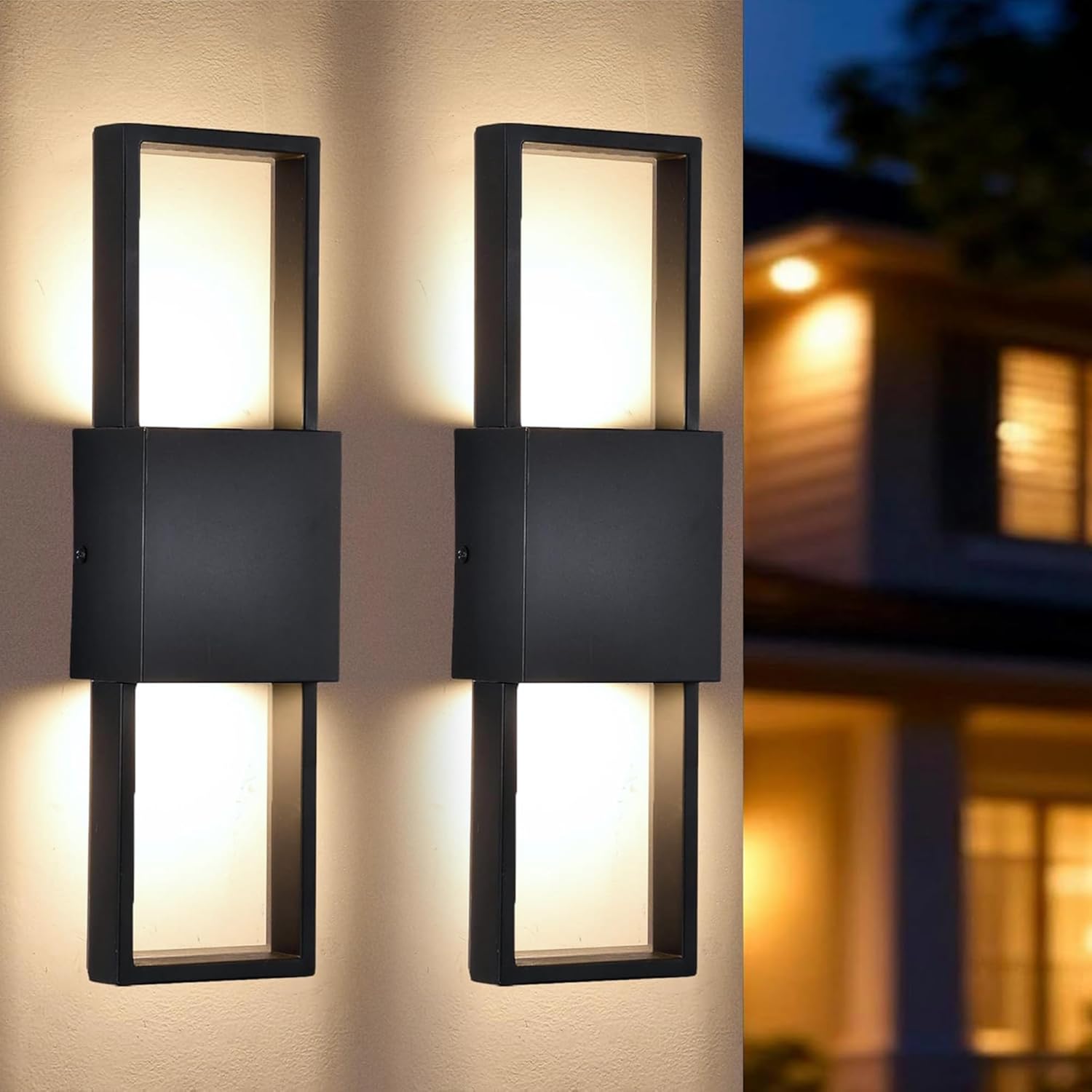 COTTAGE LIFE Outdoor Wall Sconce 2 Pack Modern Up and Down LED Wall Lights for House Black Exterior Light Fixture (15.75