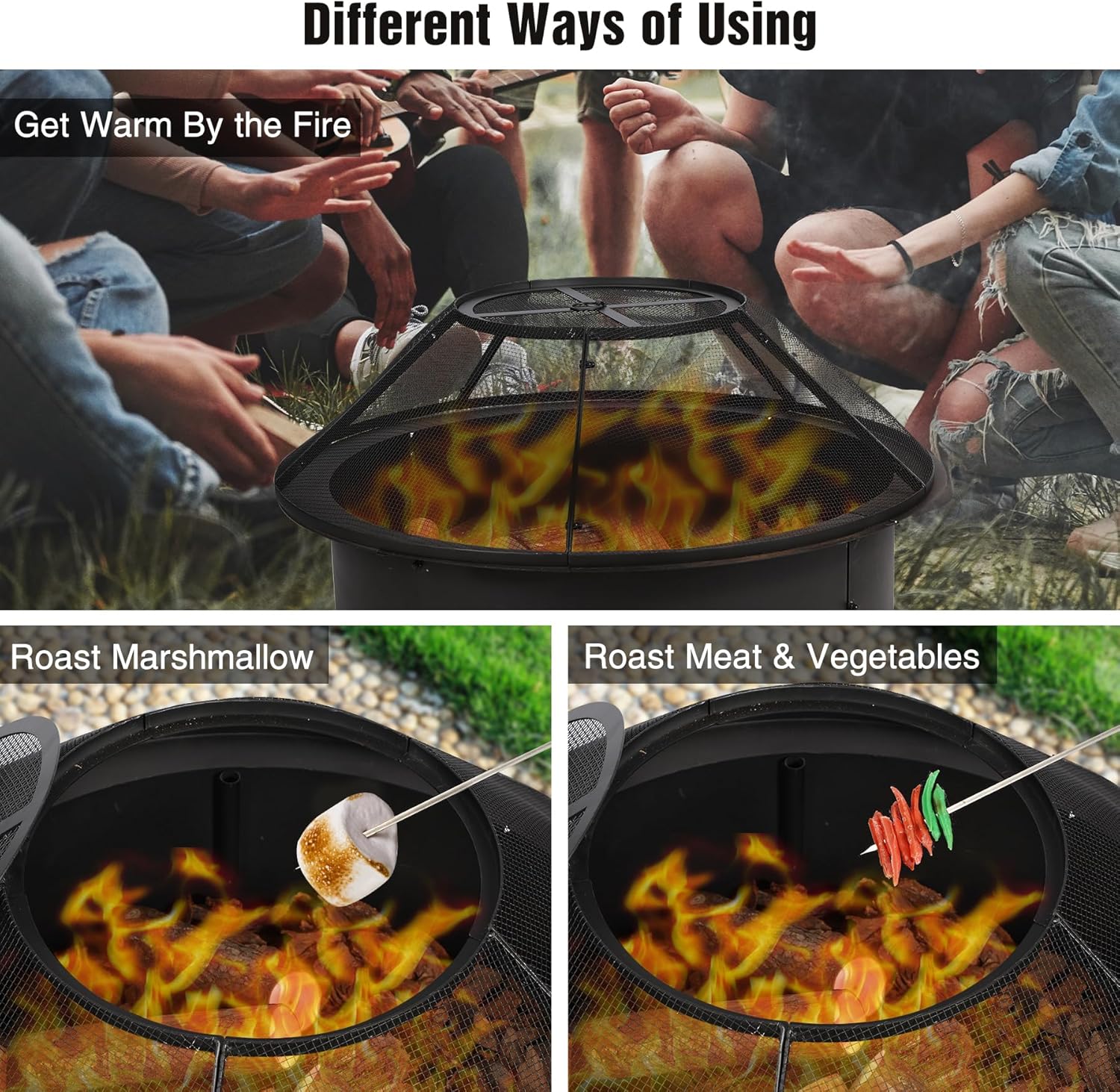 Lineslife Fire Pit Spark Screen 36 Inch with Top Cover Round, Heavy Duty Collapsible Outdoor Fire Pit Mesh Screen, Metal Fire Pit Top Lid with Ring Handle for Patio Backyard, Black