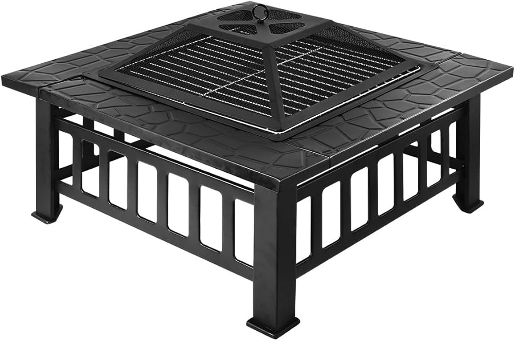 3-in-1 Outdoor Fire Pit with BBQ Grill and Ice Bucket, Square Metal Patio Heater with Decorative Base