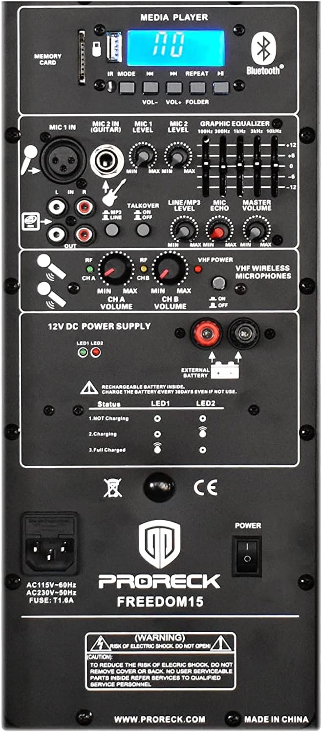 PRORECK Freedom 15 Portable 15-Inch 800 Watt 2-Way Rechargeable Powered Dj/PA Speaker System with Bluetooth/USB/SD Card Reader/FM Radio/Remote Control/Wireless Microphones/Speaker Stand