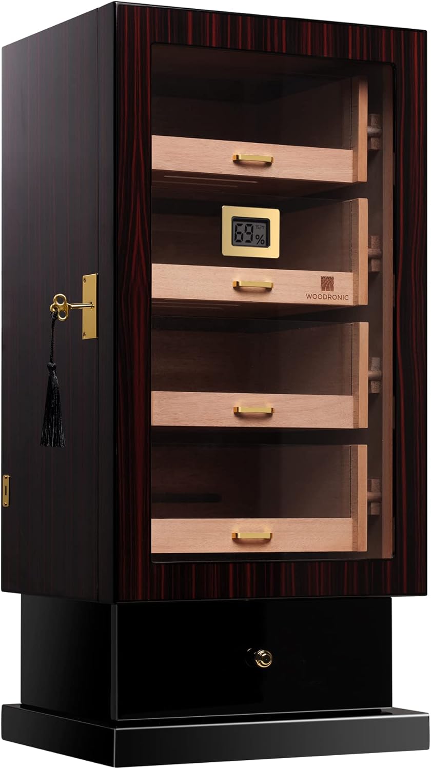 Woodronic Cigar Cabinet Humidor for 200-250 Cigars with Accessory Drawer, Crystal Humidifiers, USB Cables for Electric Humidifiers, Lock & Keys and Spanish Cedar Lining, Home & Commercial Display