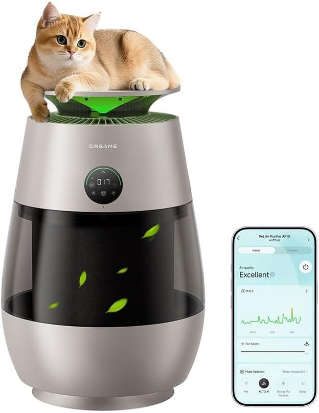 ‌Dreame Pet Air Purifier AP10 for Home Large Room, Cleans 5,386 ft² in One Hour, Smart Air Cleaner with 360° Visual Collection of Cat Hair, 3 Filters for Odor Purification, ‌Pet-Friendly Design, Glod