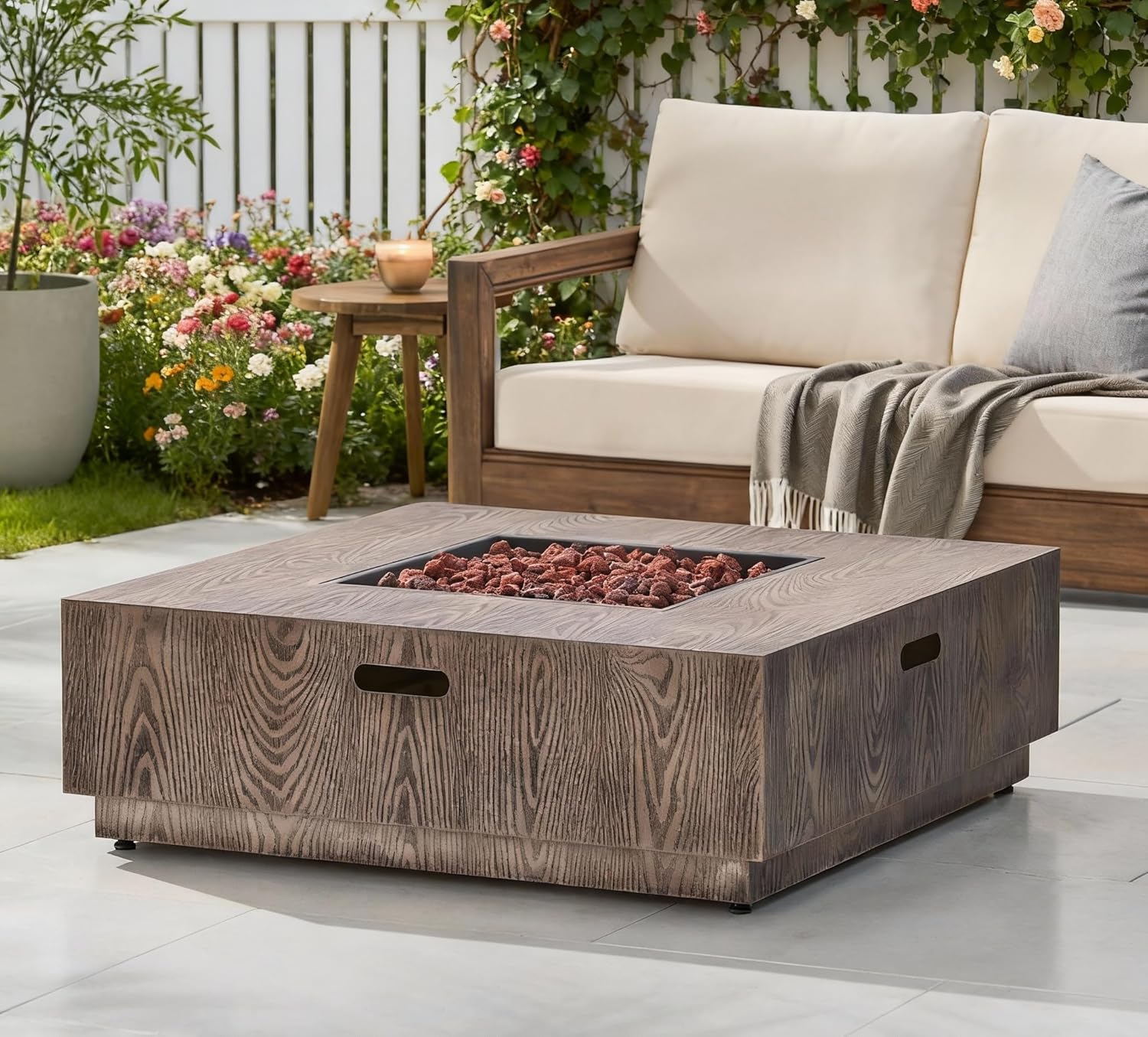 Square Propane Fire Pit Table, 50,000 BTU Outdoor Iron Fire Pit with Wood Pattern, 39 Inch Large Fire Pit for Patio Backyard Garden, Rustic Design for Outdoor & Indoor Gatherings, Only Table - 650K