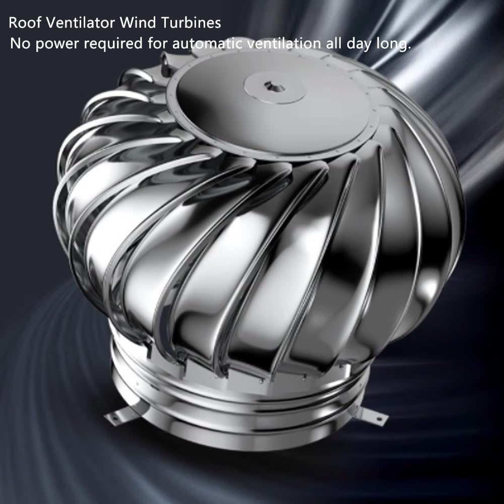 Stainless Steel 304 Roof Wind Turbine Rotating Non Power Ventilator Cap 4/6/8/10/12/18/24 Inch Rainproof Exhaust Cap for Pipe Flue Shed Roof(250mm/10in)