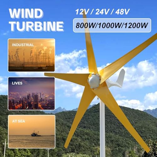 800W-1200W Wind Turbine Generator Kit with MPPT Controller, 12V/24V/48V, 5 Yellow Blades, Ideal for Ships, Roofs, Outdoor Use, Rated Wind Speed 1m/s