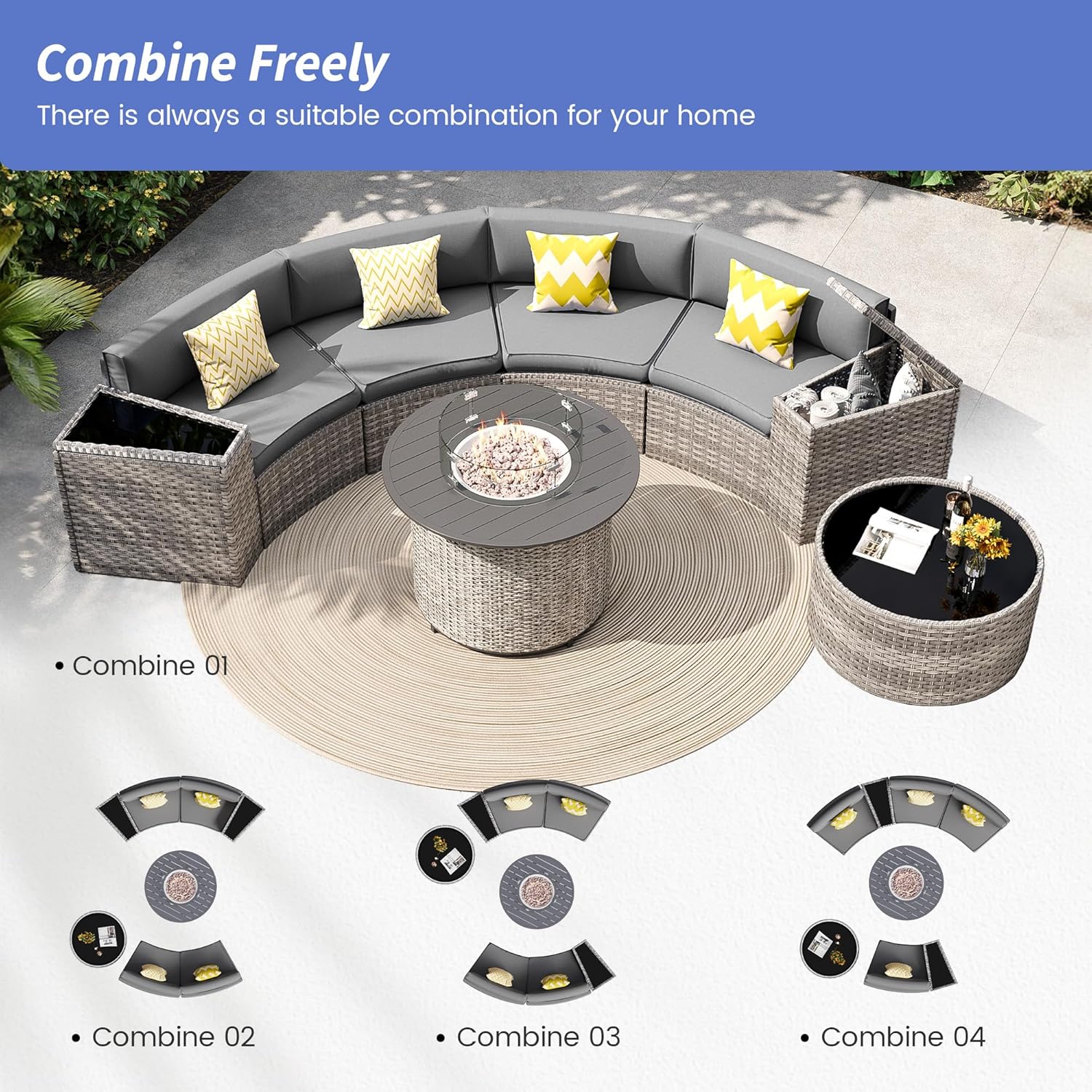 Patio Sectional Furniture Outdoor 8-Piece Grey Rattan Curved Sofa Set with Fire Pit Table,Storage Table,Pillows,Fit for Pool Backyard Balcony Porch Lawn (Grey)