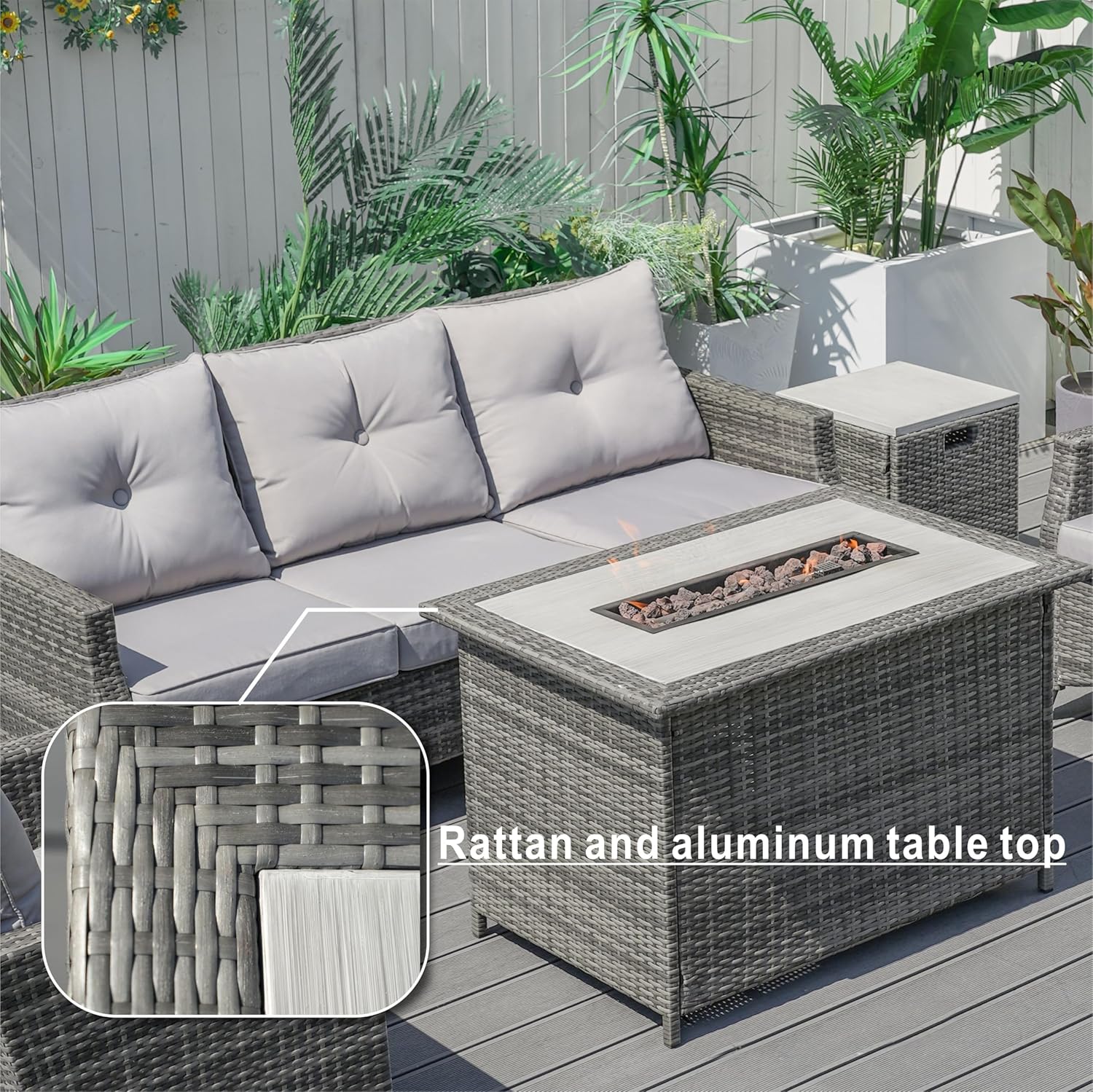 Outdoor Gas Fire Pit Table, Gray Wicker, Aluminum Frame