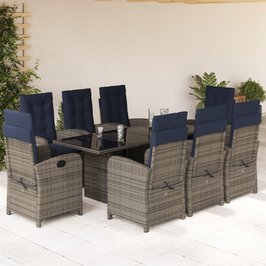 9 Piece Patio Dining Set with Cushions Gray Poly Rattan,Adjustable Dining Set with Comfortable Cushions for Outdoor Patios and Gardens Furniture Sets for Patio, Lawn & Garden