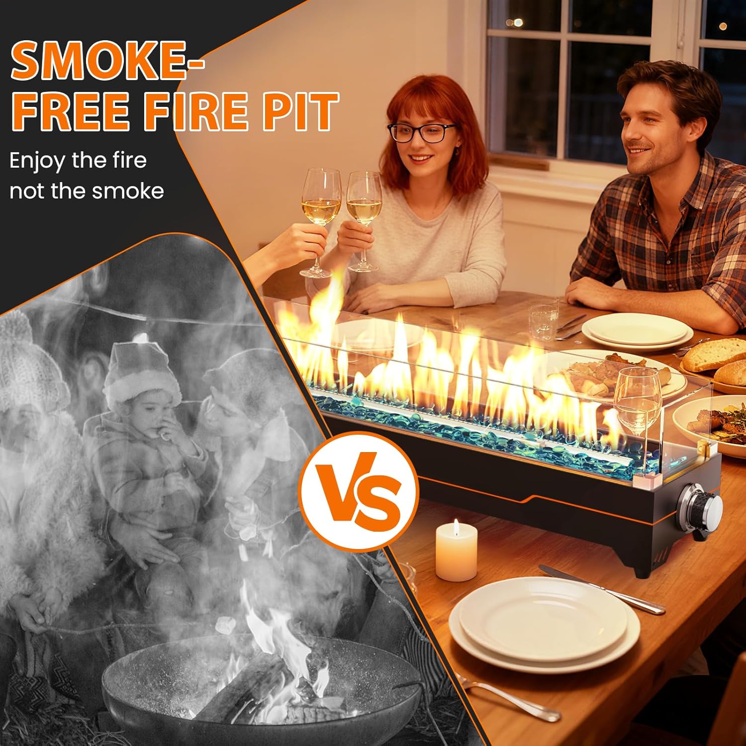 GRISUN Tabletop Fire Pit,36 Inch Propane Fire Pit Table,50000 BTU Table Top Firepit with Glass Wind Guard,Stainless Steel Burner,Fire Glass,Portable Propane fire Pit for Patio, Camping, Backyard & RV