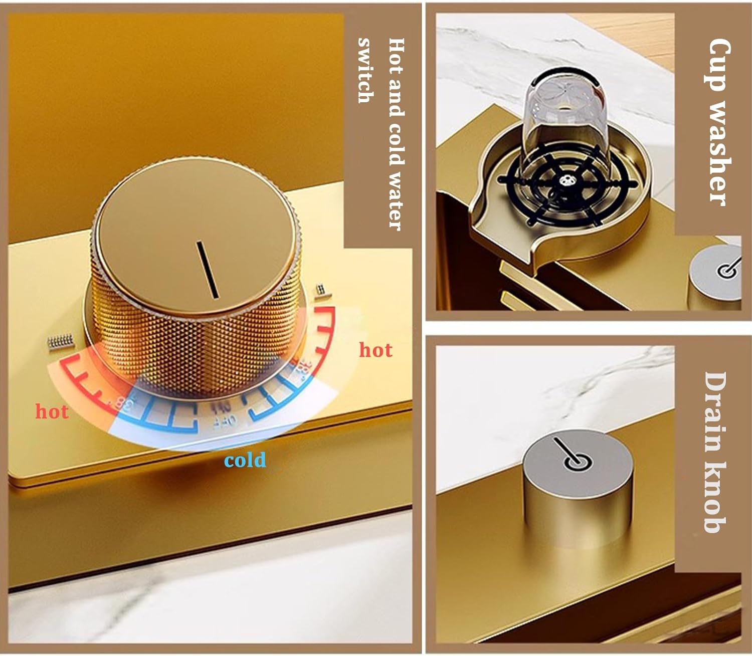 Golden Sink with Waterfall Faucet Stainless Steel Sink Golden Kitchen Sink Water Temperature Display Including Cup Washer and Other Accessories,75x46x22cm